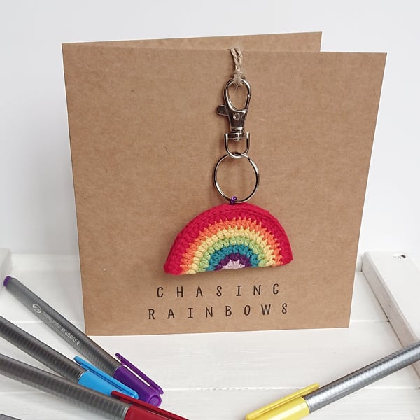 Crochet Rainbow Greeting Card with detachable key ring,bag charm