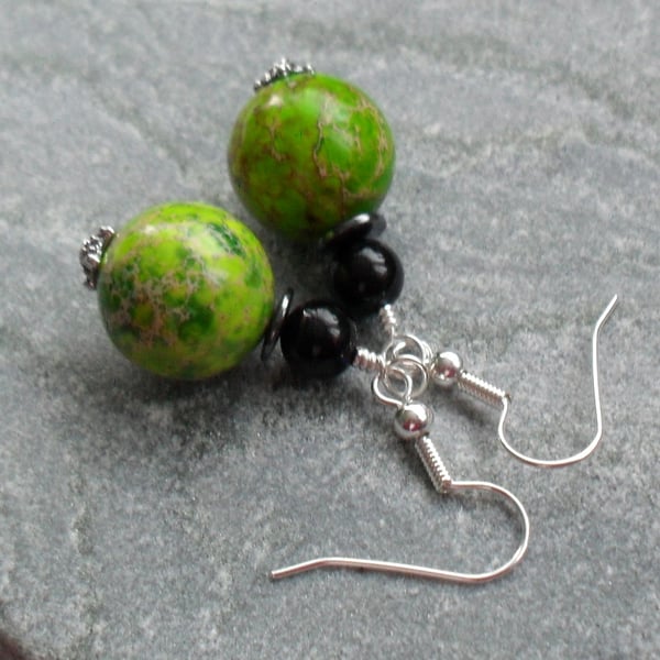 Green Terra Jasper Drop Earrings Silver Plate