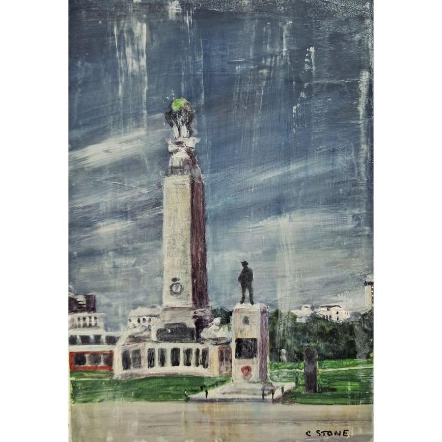 Framed Painting Plymouth Hoe War Memorial Mixed Media on Yupo paper 