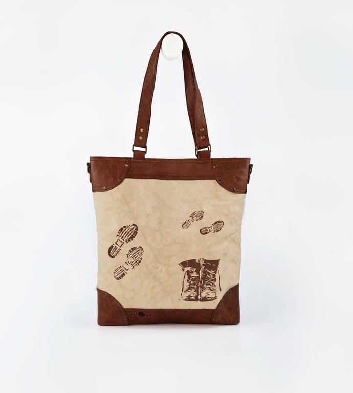 Canvas Leather Printed Tote, Shoulder Shopper, Handmade Crossbody Bag