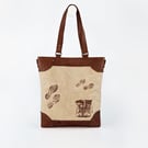 Canvas Leather Printed Tote, Shoulder Shopper, Handmade Crossbody Bag