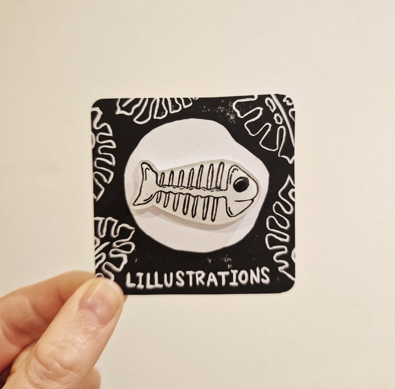 Fish Skeleton Lino Printed Pin Badge