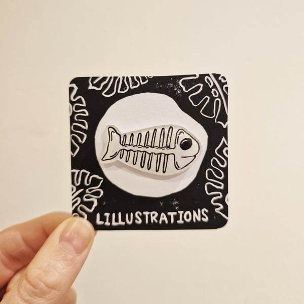 Fish Skeleton Lino Printed Pin Badge