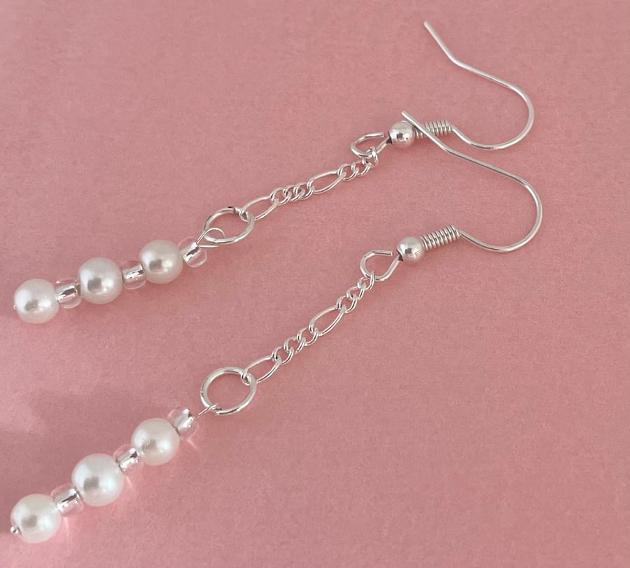 Three Pearl Sterling Silver Chain Drop Earrings 