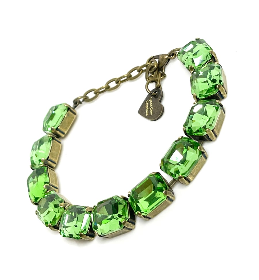 Peridot Green Crystal Antique Brass Bracelet, Adjustable, Women, Birthday Gift