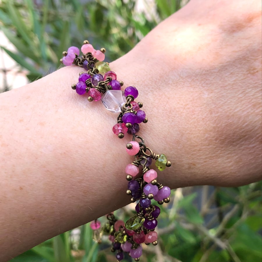 Gemstone Cluster Bracelet. Pink & Purple Beaded Bracelet. Floral Bracelet