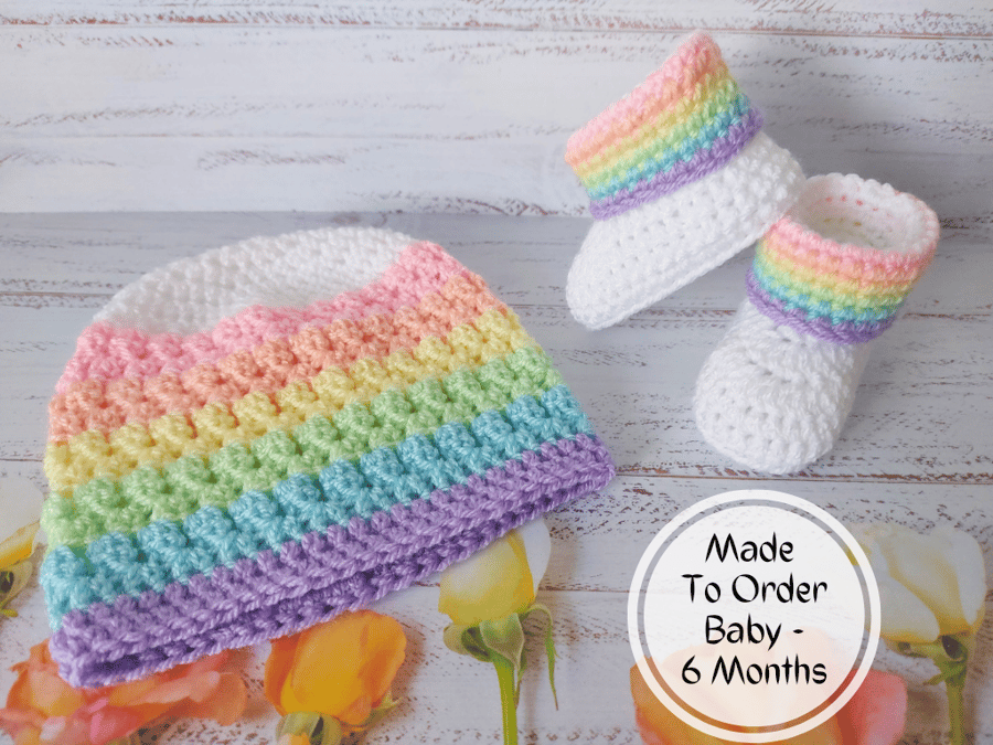 Pastel Rainbow Crochet Baby Hat & Booties Set 