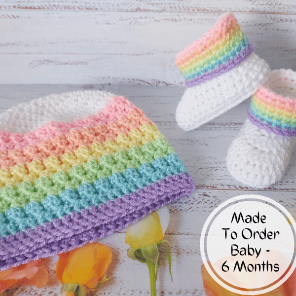 Pastel Rainbow Crochet Baby Hat & Booties Set 