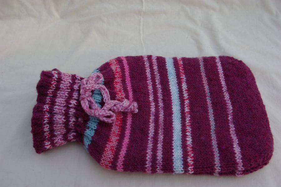 Hot Water Bottle Cover Hand Knitted in Stripes of Maroon, Pinks and Blue