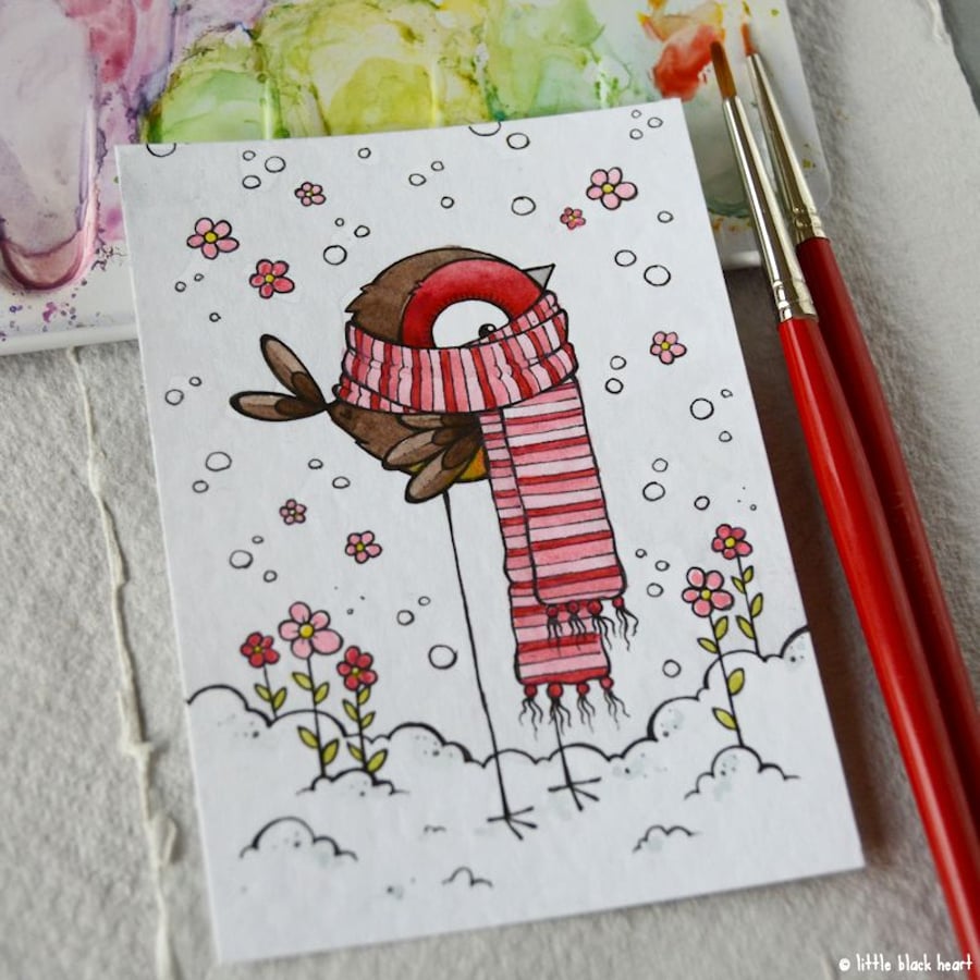 spring robin in scarf - original aceo