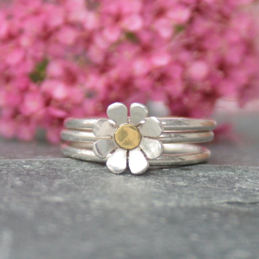 Sterling silver stacking rings, silver daisy rings, summer jewellery