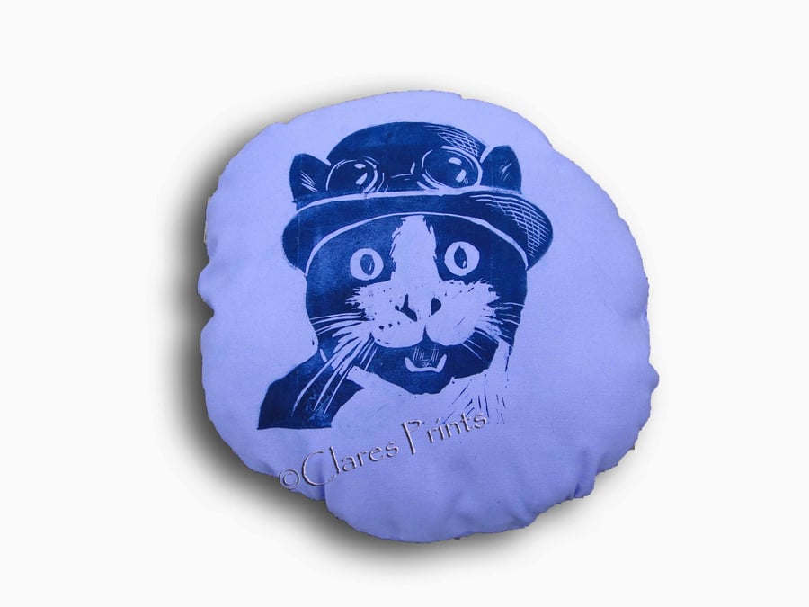 Sale Steampunk Cat Purple Stuffie Cushion Hand Printed Linocut Handmade
