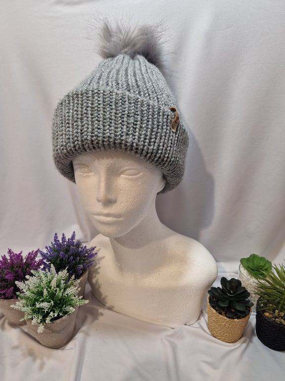 Knitted pompom hat,  small Adult or teanage,  in grey