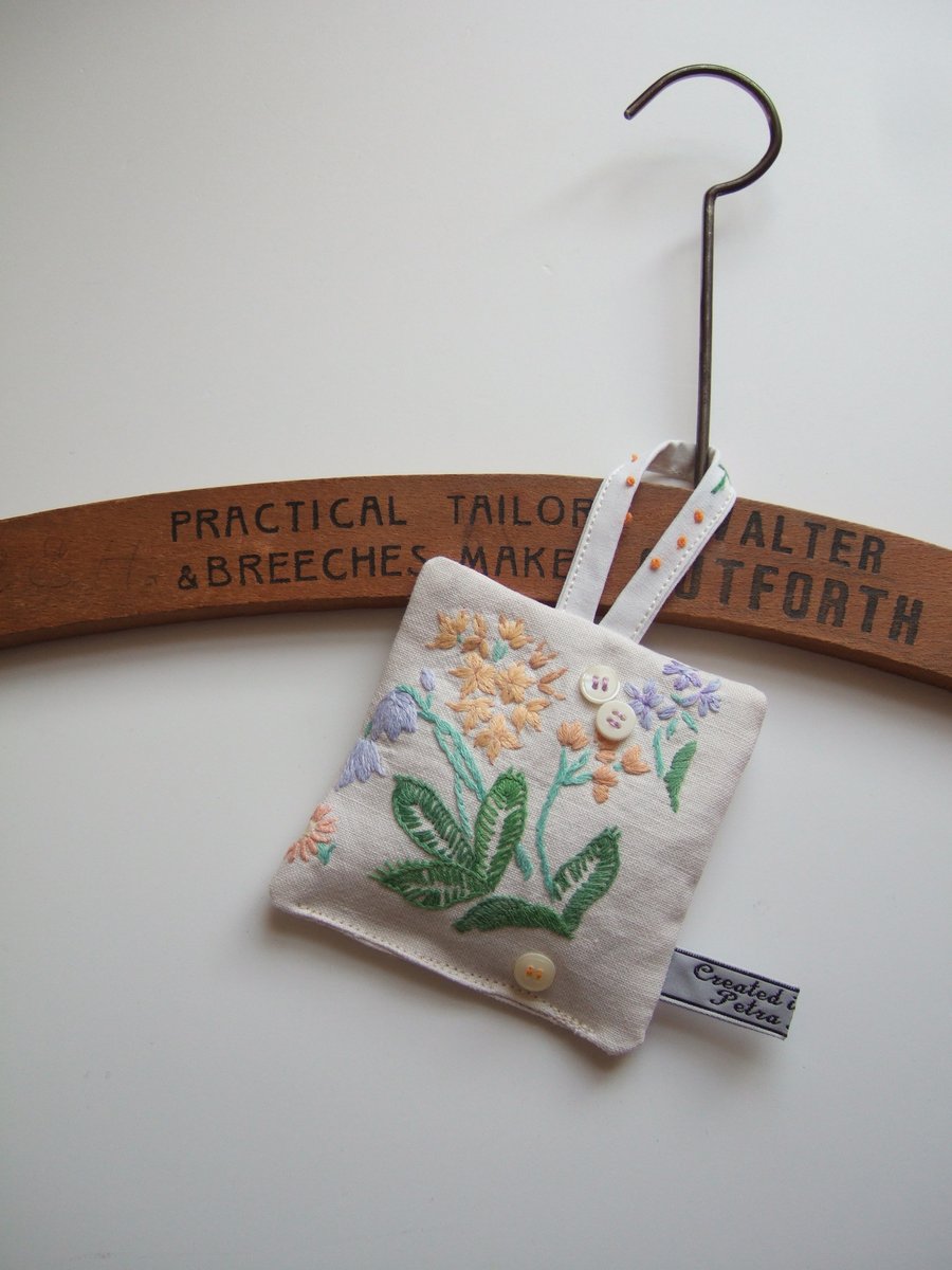 Vintage embroidered floral lavender bag with dried Yorkshire lavender.