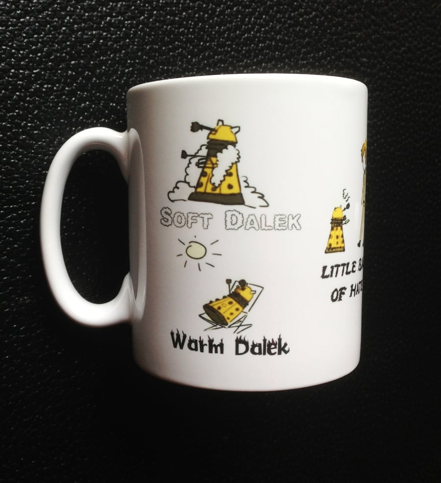 Dr. Who mug gift, Gold Dalek, Matt Smith, Soft Kitty verse Inspired Mug