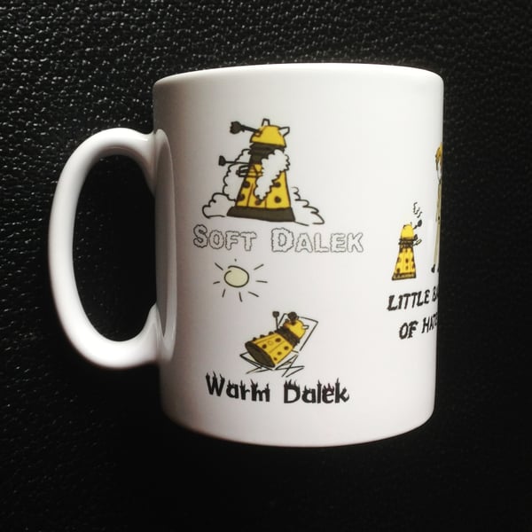 Dr. Who mug gift, Gold Dalek, Matt Smith, Soft Kitty verse Inspired Mug