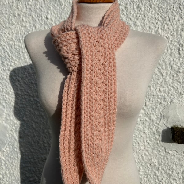Handmade crochet scarf in powder pink wool mix yarn