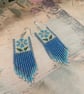 Pretty Folk Art inspired blue floral beaded fringe earrings  - Image 5