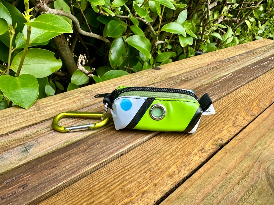 Repurposed Dog Poo Bag Holder Made from Pool Toy - Green with Blue Polka Dots