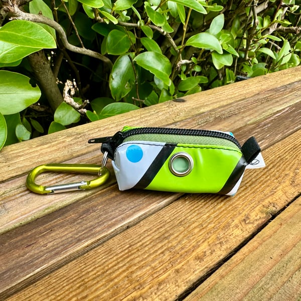 Repurposed Dog Poo Bag Holder Made from Pool Toy - Green with Blue Polka Dots