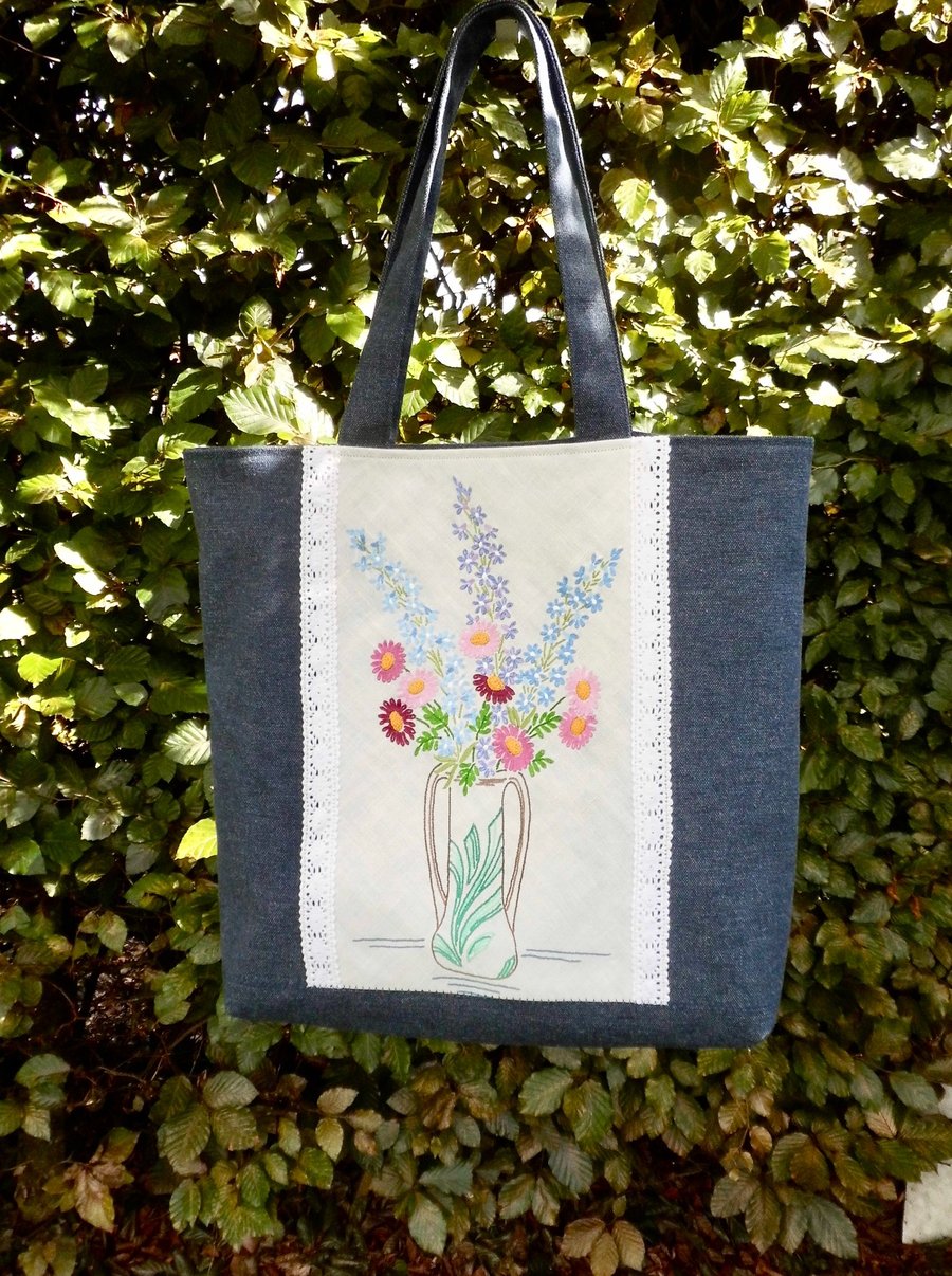 Large tote bag and coin purse set in denim-style fabric with vintage embroidery.