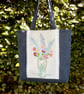 Large tote bag and coin purse set in denim-style fabric with vintage embroidery.