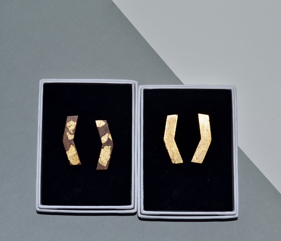 Chevron Wooden Ear Stud with Gold Leaf
