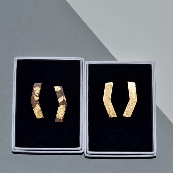 Chevron Wooden Ear Stud with Gold Leaf