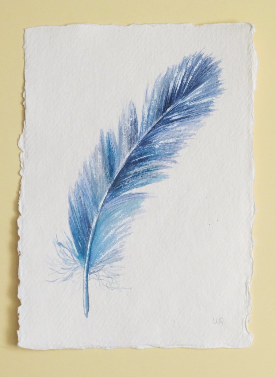 Original watercolour painting of a blue feather