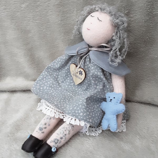 Cloth doll, hand embroidered fabric doll. Handmade Artist doll by Bearlescent