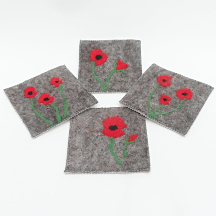 Felted Poppy Coasters, set of 4