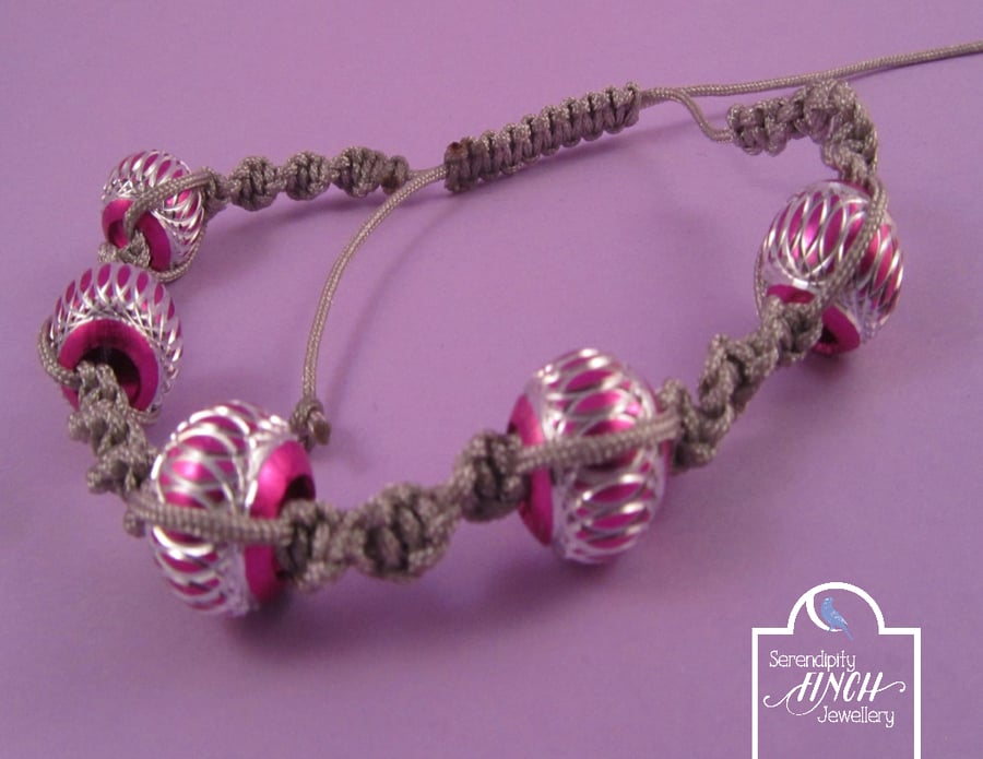 Grey Macrame Bracelet with Pink Aluminium Beads