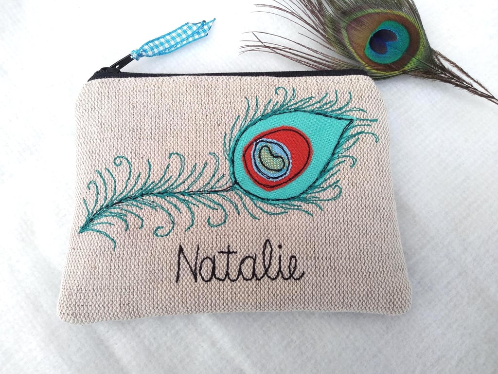 Peacock Feather Coin Purse - Personalised Wallet or Pouch on Oatmeal Linen