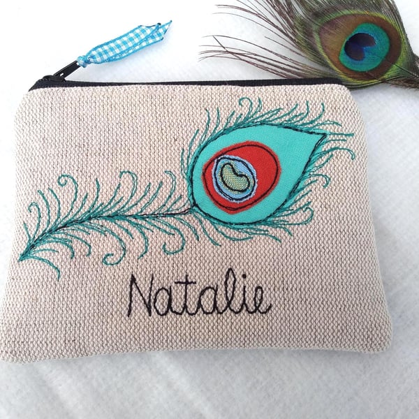 Peacock Feather Coin Purse - Personalised Wallet or Pouch on Oatmeal Linen