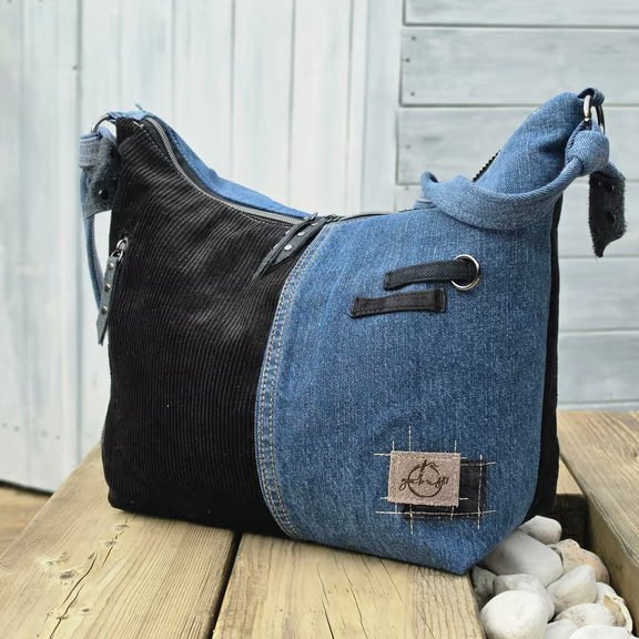 Blue Denim and Black Corduroy Crossbody Bag – Double Zip