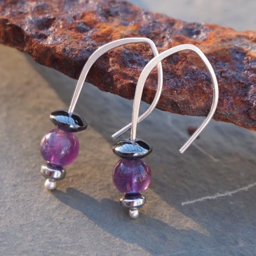 February birthstone, amethyst silver drop earrings