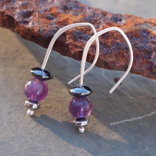 February birthstone, amethyst silver drop earrings
