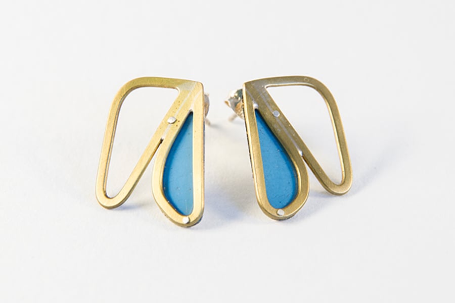 Small Brass Abstract Wing Blue Stud