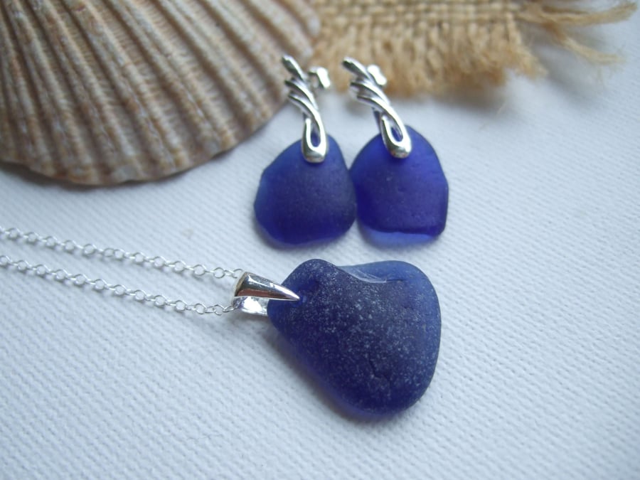 Scottish blue sea glass earring and necklace set, sterling silver blue sea glas 