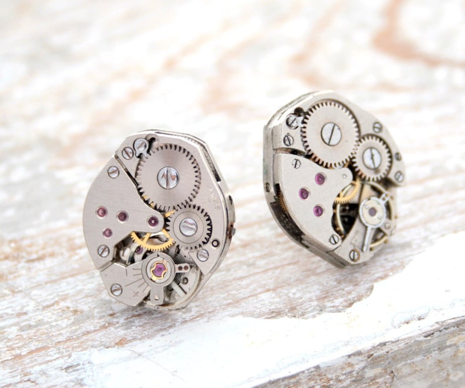 Mens Stud Earrings, Steampunk Watch Movements Studs