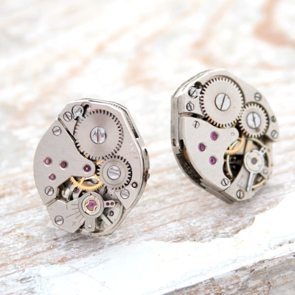 Mens Stud Earrings, Steampunk Watch Movements Studs