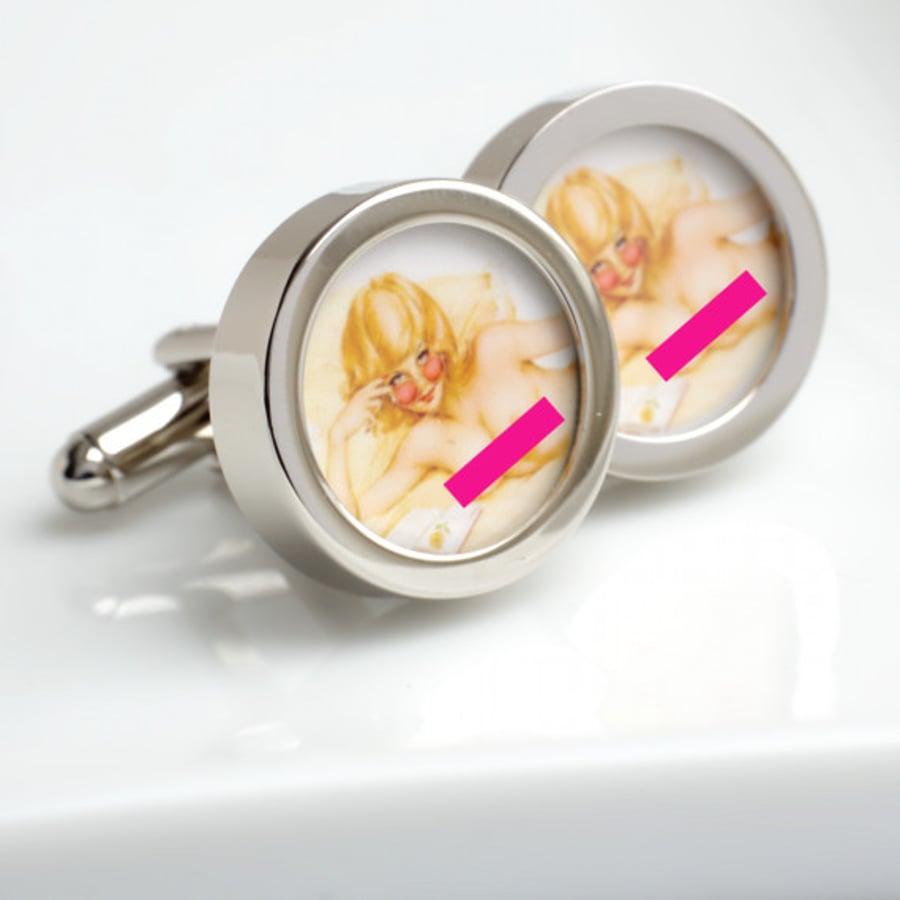  Vintage Nude Pin Up Cufflinks - Blonde Nude in Rose Tinted Glasses