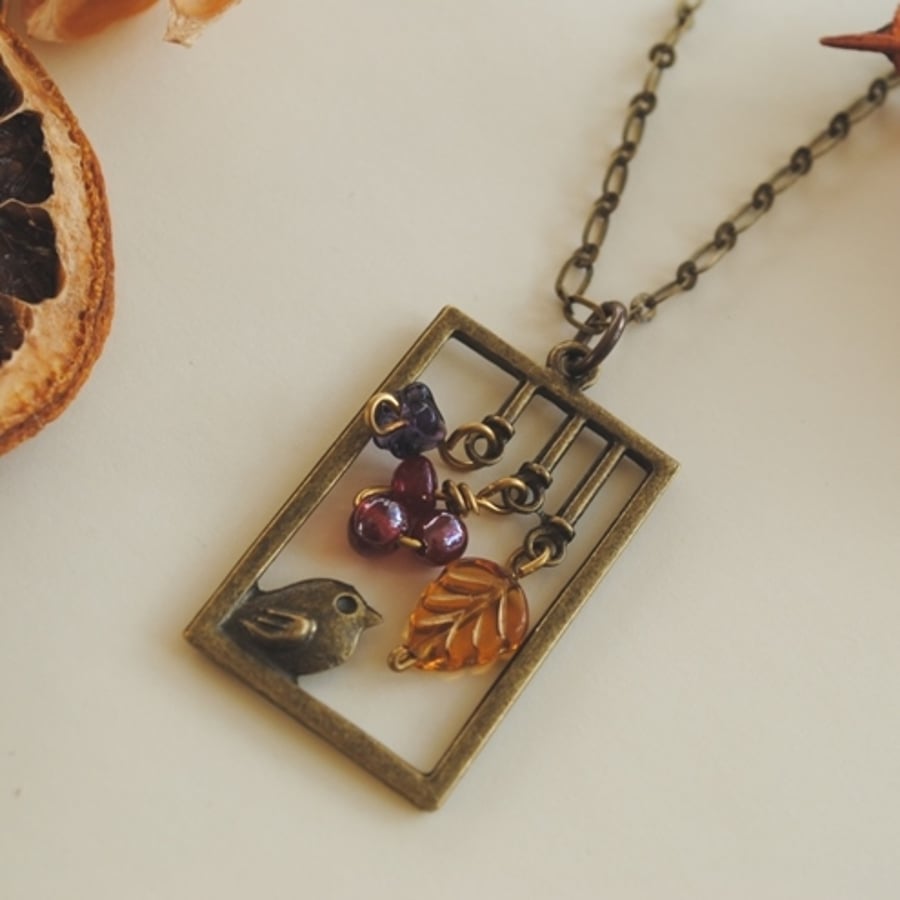 Bird necklace with berries & flowers