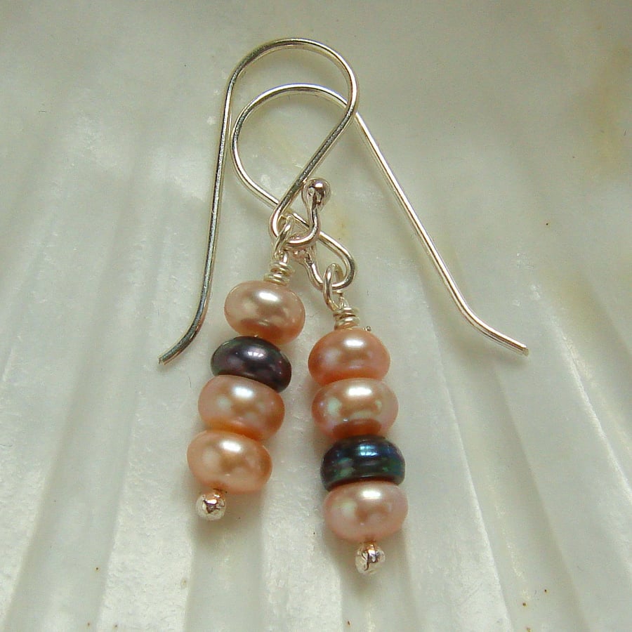 Spring Nude Pink and Grey Freshwater Pearl Sterling Silver Dangle Drop Earrings