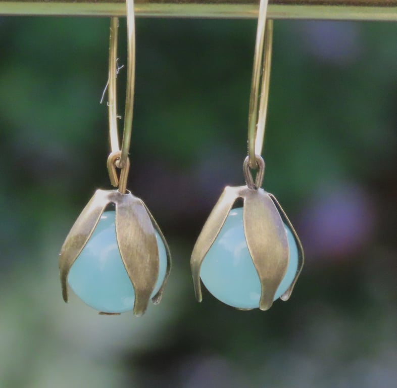 Amazonite Earrings Semi Precious Gems Bronzed Petals Hypoallergenic Brass Hoops 