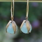 Amazonite Earrings Semi Precious Gems Bronzed Petals Hypoallergenic Brass Hoops 