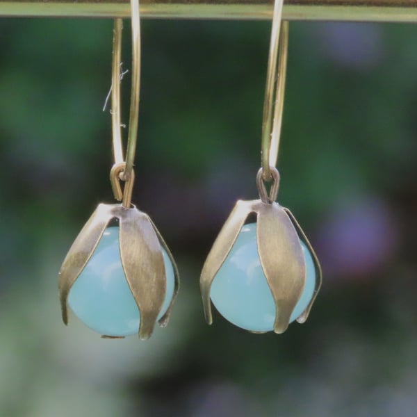 Amazonite Earrings Semi Precious Gems Bronzed Petals Hypoallergenic Brass Hoops 