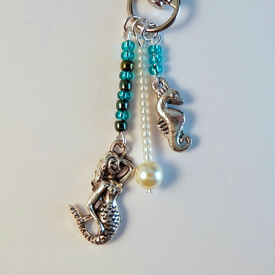 Bag Charm, Pearl, Mermaid & Seahorse With Sea Green Glass Beads, Gift For Her