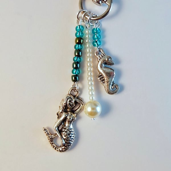 Bag Charm, Pearl, Mermaid & Seahorse With Sea Green Glass Beads, Gift For Her