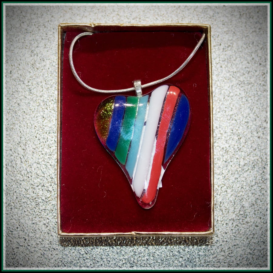 Multi-Coloured Striped Fused Glass Heart Shaped Pendant - 1007